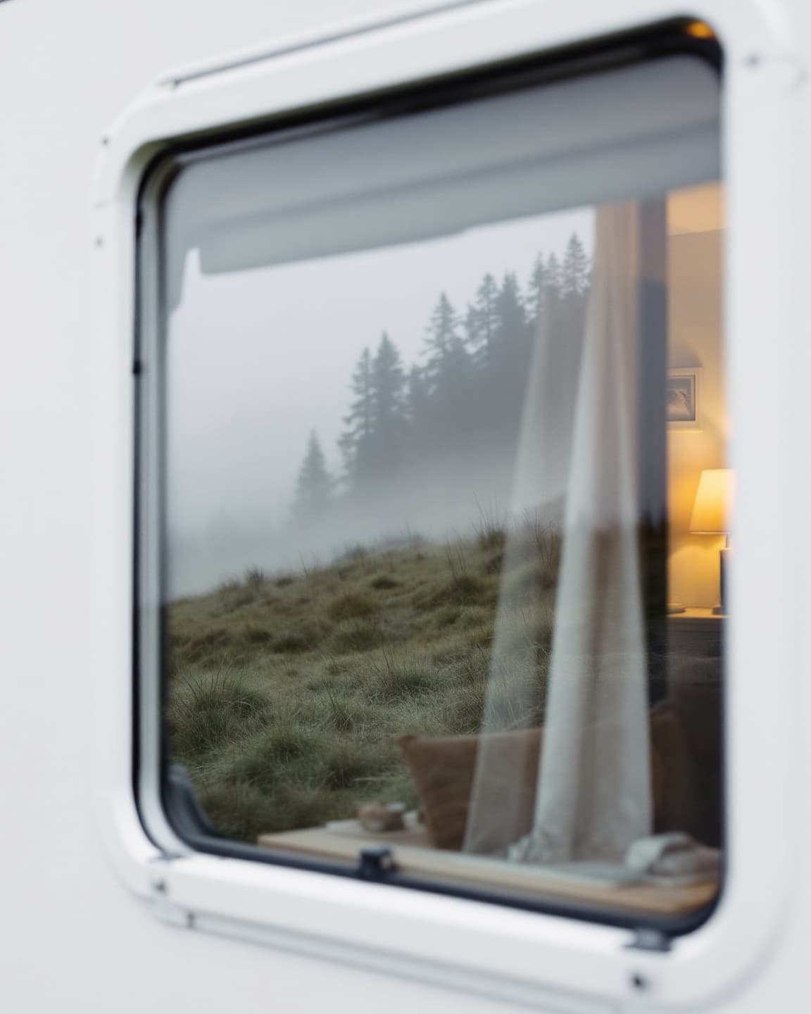 منظر الجبل من نافذة الكرفانة · Mountain view through the caravan window