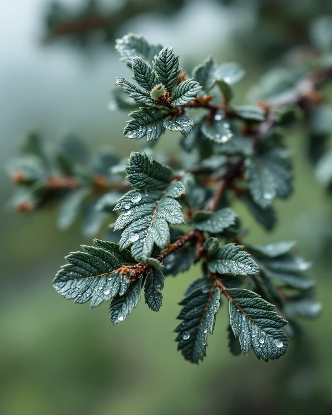 فروع العرعر المبتلّة بالمطر · Rain-wet juniper branches, Asir