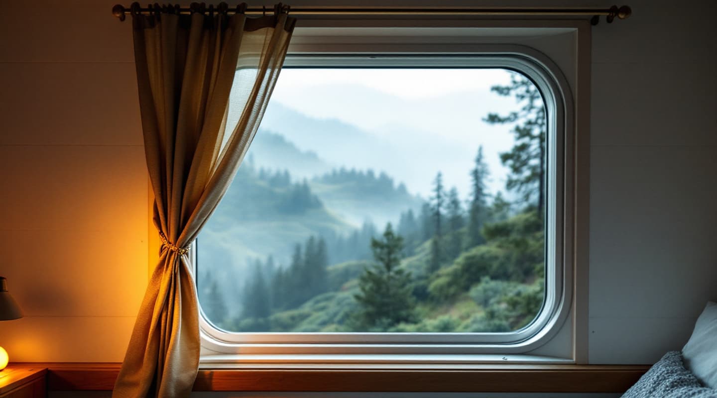منظر من داخل الكرفانة · Inside the caravan, mountain view through the window